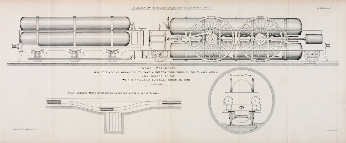 Technical drawing of Colonel Beaumont's air locomotive, designed for tunnel passage, with side and cross-sectional views, and a diagram showing the recharging mode for the air vessels