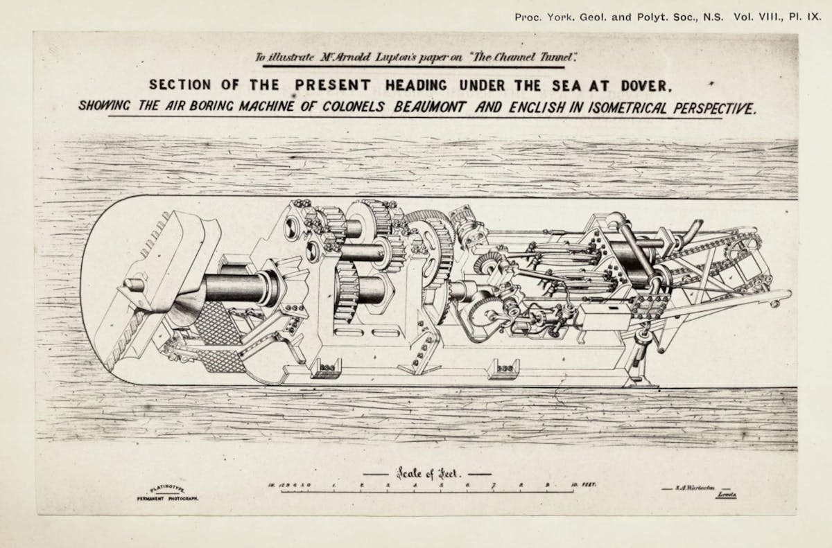 An isometrical illustration of the boring machine, complete with detailed mechanical parts and a scale of feet for size reference