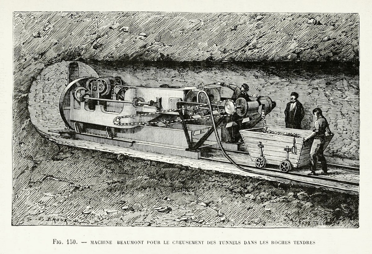 An engraving of Beaumont's tunnel boring machine in operation within a tunnel, with workers present and debris being collected in a mining cart.