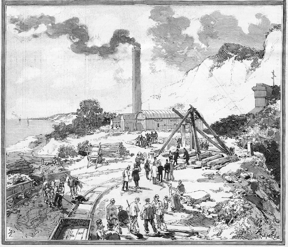 illustration depicting an industrial scene with workers, a smokestack emitting smoke, a coastal backdrop, and construction equipment for an underwater tunnel project