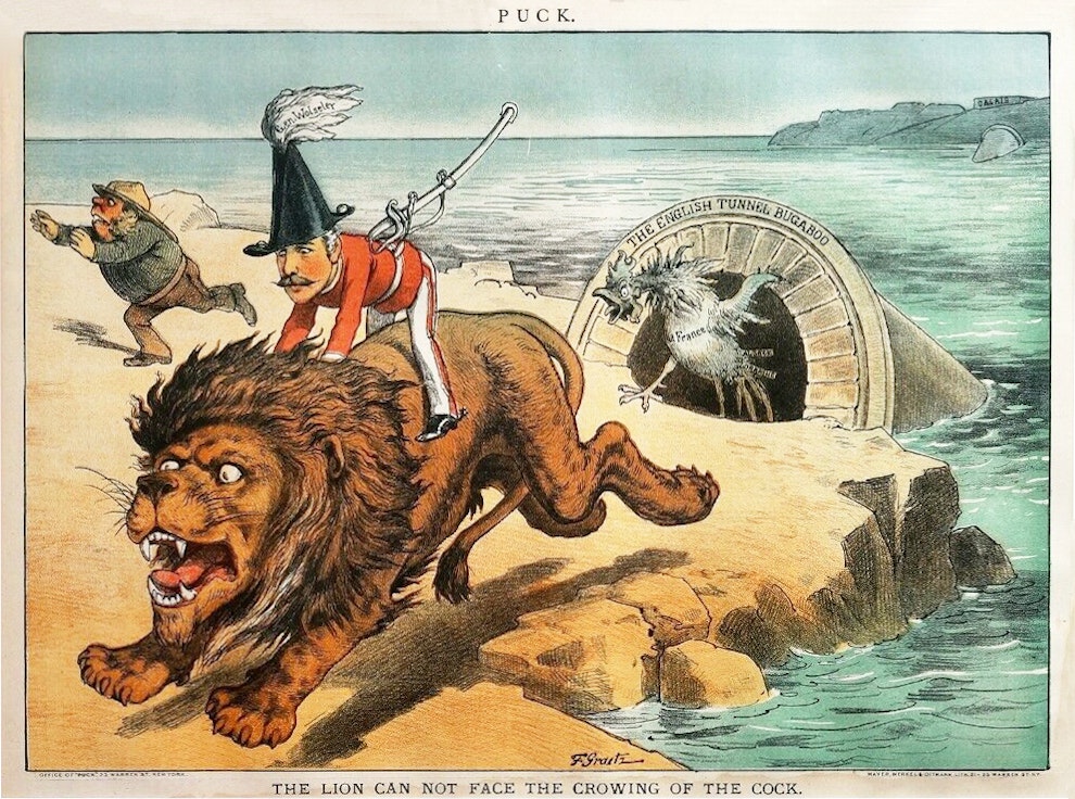 A cartoon showing a man in British military uniform riding a lion, fleeing from a crowing rooster labeled “France” coming out of the “English Tunnel Bugaboo.” The caption reads “The Lion can not face the crowing of the cock.”