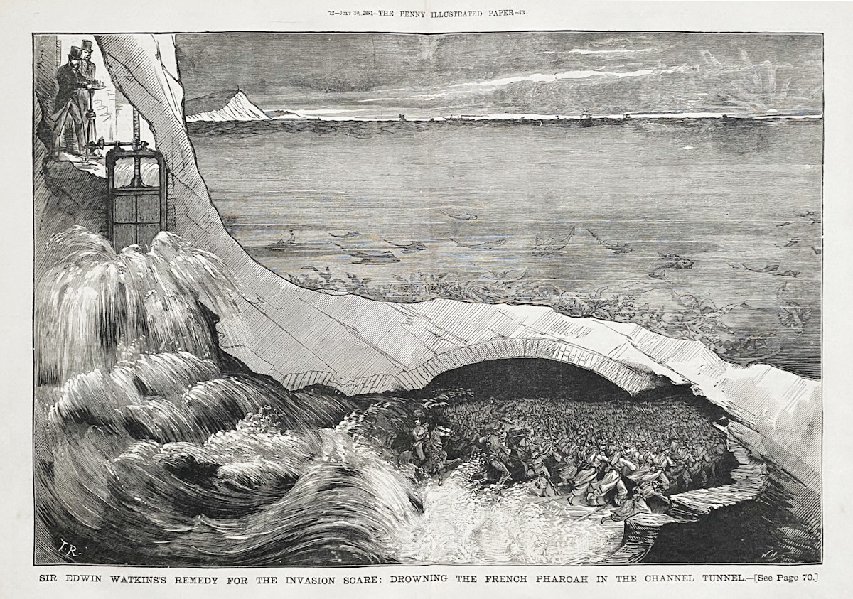 Black and white illustration titled "Sir Edwin Watkin's remedy for the invasion scare: Drowning the French Pharaoh in the Channel Tunnel." It shows a figure operating a lever flooding the tunnel with water, where caricatured French soldiers are being swept away