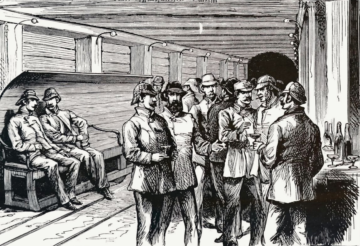 Black and white illustration depicting a group of men in varied attire, including military uniforms, conversing and relaxing inside a wooden structure of the Tunnel with bottles and glasses suggesting a celebratory occasion