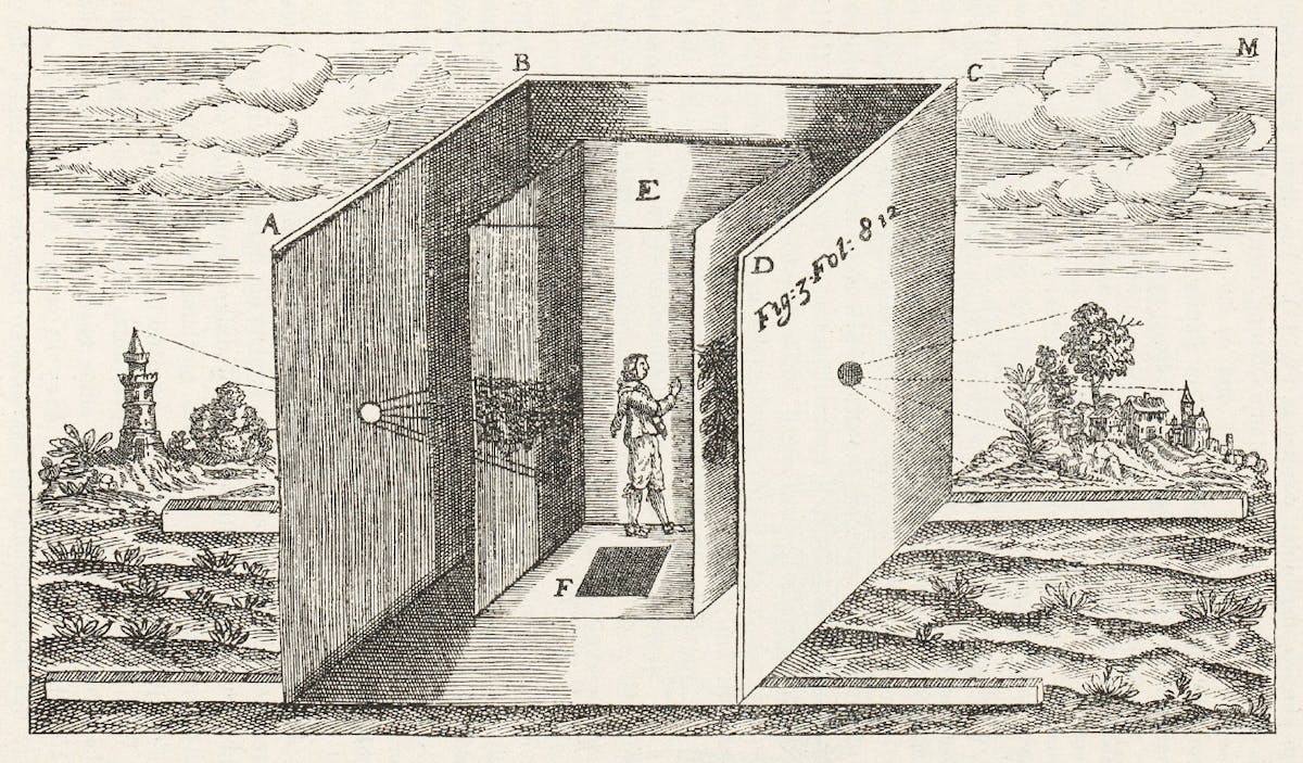 Technical illustration demonstrating the principles of a camera obscura, featuring a large box-like structure with a human figure standing inside. The diagram shows how light enters through small openings to project inverted images of external landscapes onto the interior walls, with letters A through M labeling different components of the optical device.
