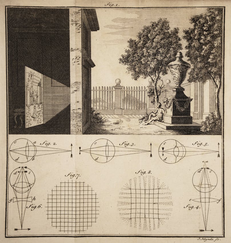 Engraving featuring a camera obscura setup in an ornate garden with classical architecture, columns, decorative urn, and figure resting beneath trees. The lower portion contains multiple geometric diagrams demonstrating optical principles.