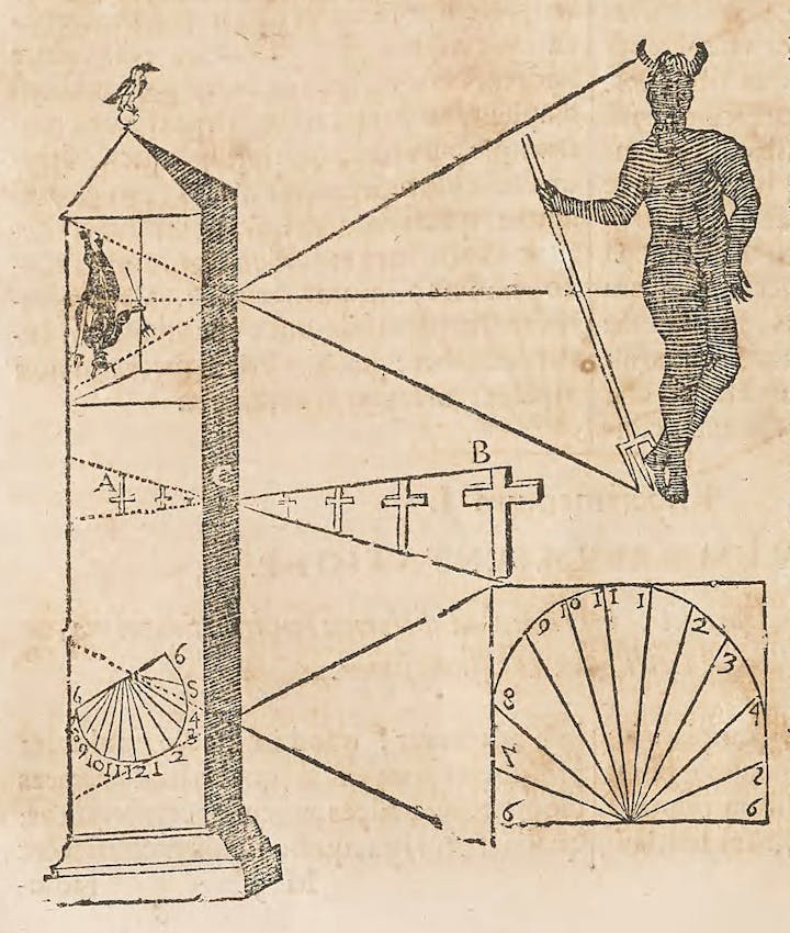 An engraving depicting a tower with three levels, each with a camera obscura, project images of a cross, a horned-figure holding a trident, and a dial of numbered rays.