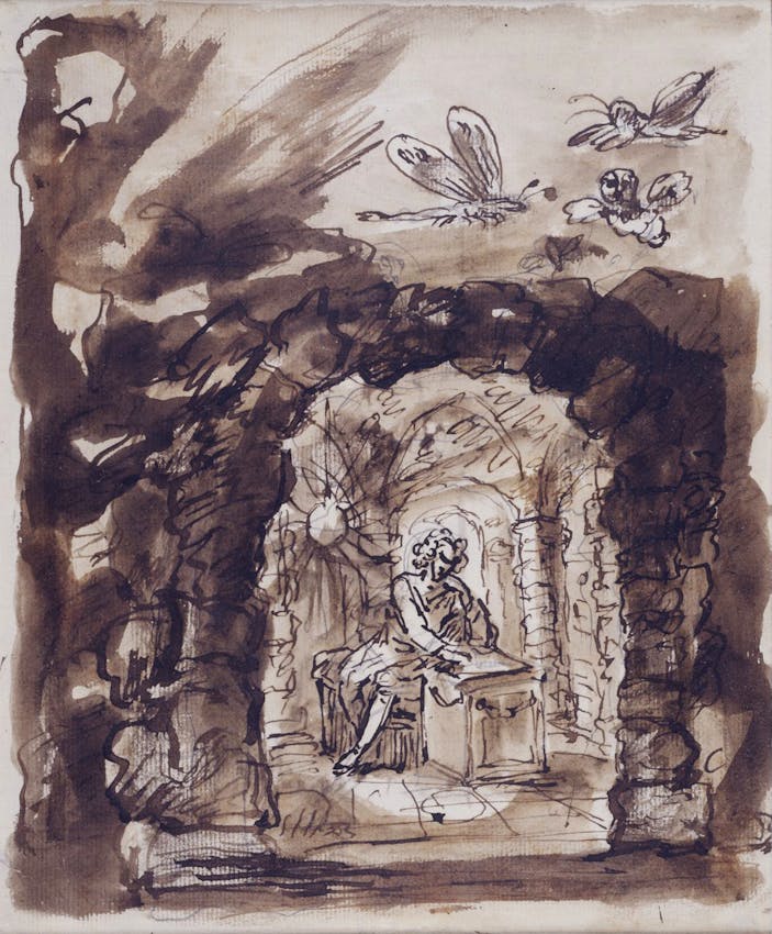 Drawing depicting a scholar seated in a rustic grotto with flying insects above.