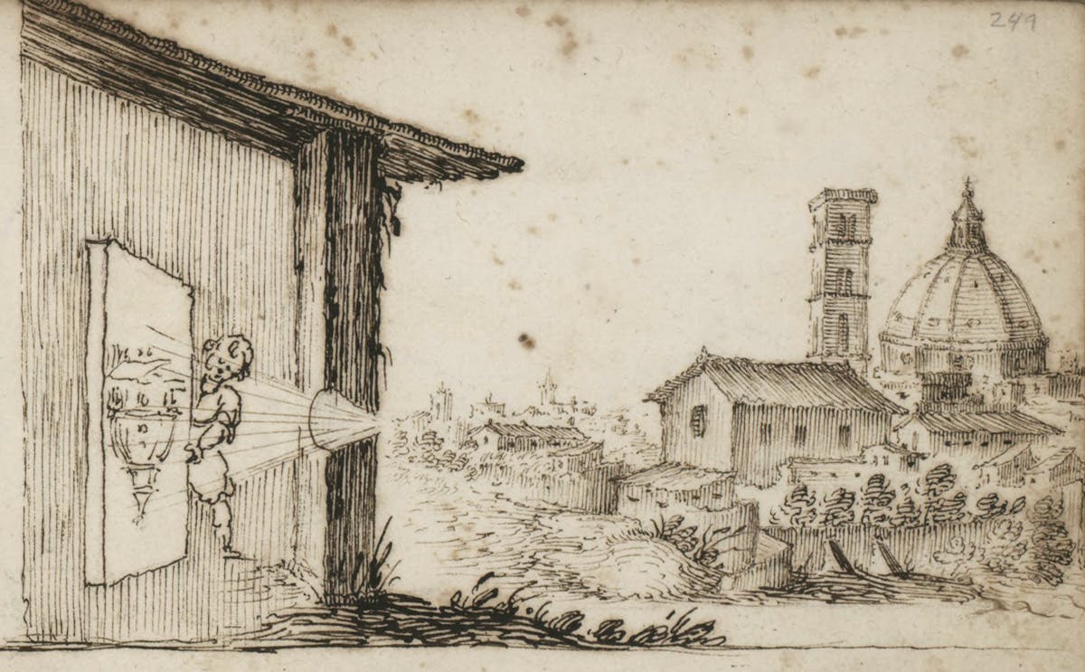 Pen and ink drawing showing camera obscura demonstration with figure observing projected cityscape including prominent domed cathedral and tower.