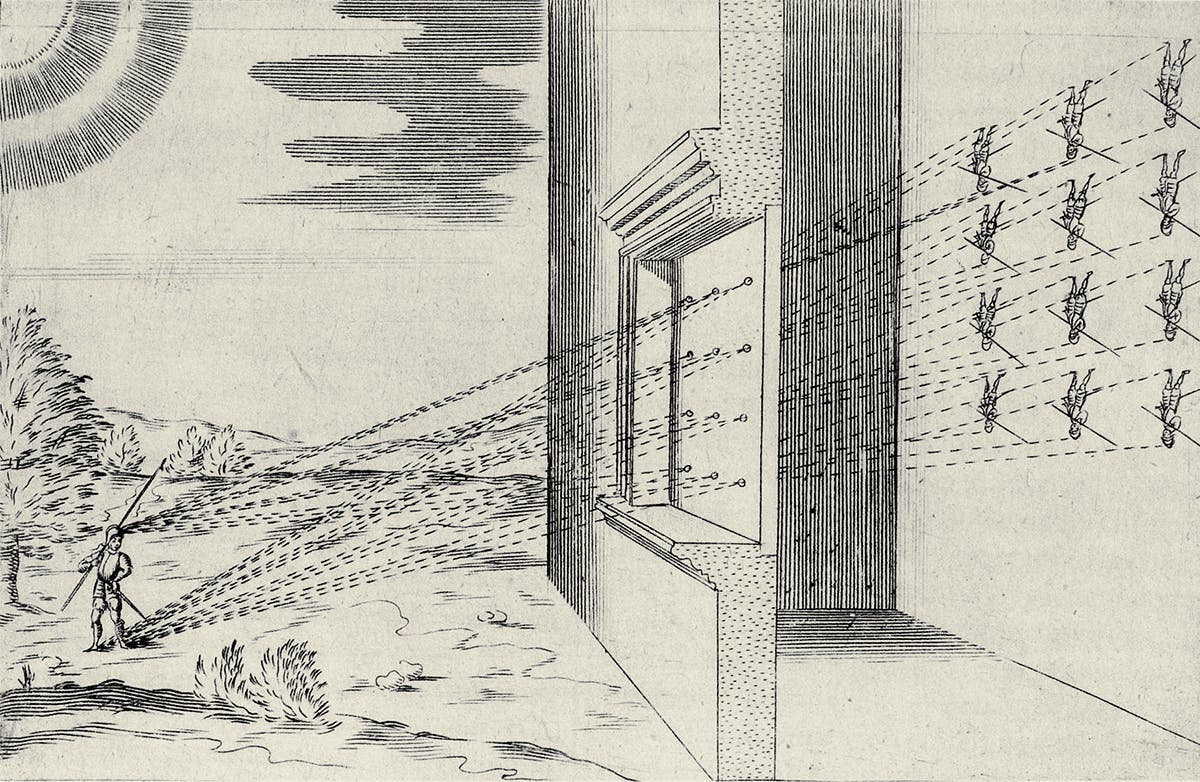 Illustration of a soldier reproduced by a camera obscura into twelve inverted images