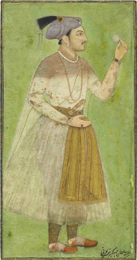 Profile portrait of a South Asian nobleman in white and gold garments, wearing a pearl necklace and distinctive hat, holding a small white flower against a green background.