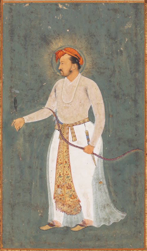 A profile portrait of a royal figure wearing white robes and an orange turban with a golden halo, holding a bow and arrow against a grayish-blue background.