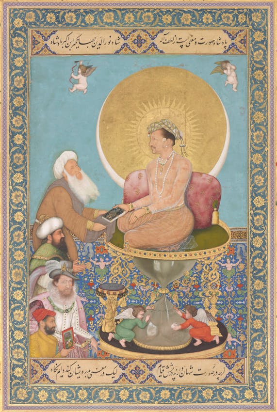 Miniature painting showing a royal figure seated on a throne with golden halo, surrounded by courtiers and spiritual figures, with small cherub-like angels hovering nearby.