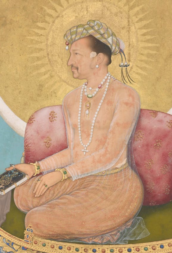 Profile portrait of a Mughal nobleman wearing a striped turban and pearl necklaces, seated on a pink cushion with a golden halo behind him.