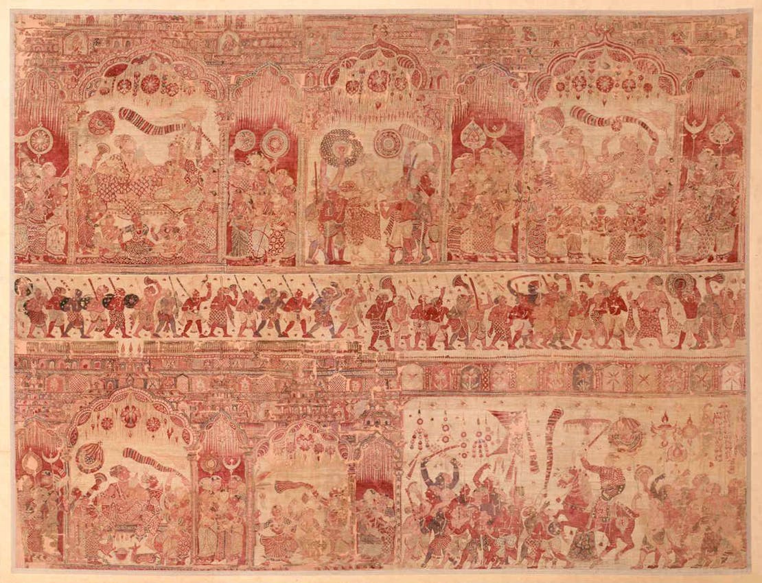 Monochromatic red textile wall hanging divided into narrative panels showing courtly and processional scenes. The composition includes four main sections with arched pavilions in the top and bottom rows, while the middle section displays a horizontal procession of figures carrying weapons and musical instruments. Each panel contains detailed figures in traditional dress engaged in various ceremonial activities, with architectural elements and decorative patterns framing the scenes throughout the elaborate textile.