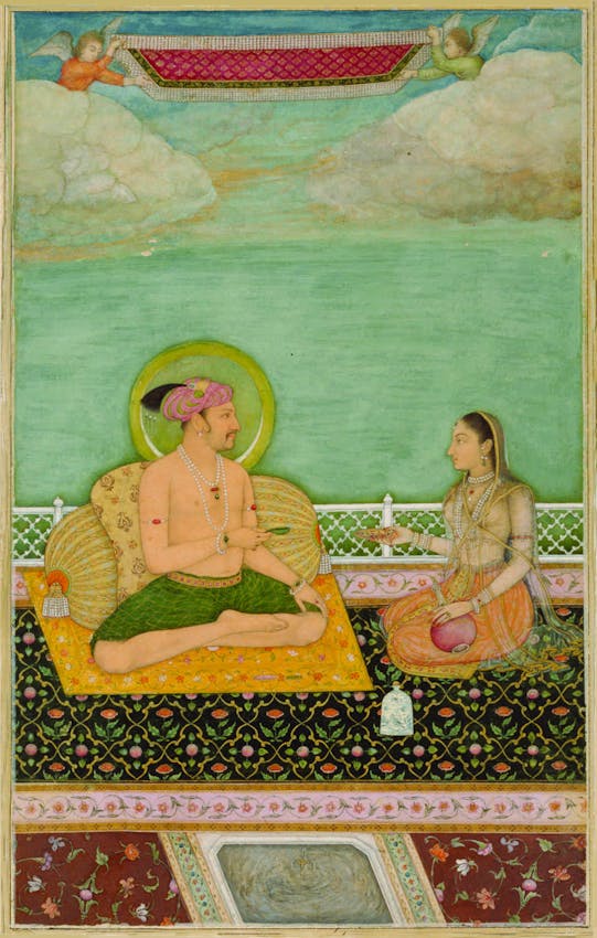 Miniature painting showing a noble couple on a terrace, with a man wearing a pink turban and green pants seated on a yellow cushion, while a woman in translucent garments offers him something.