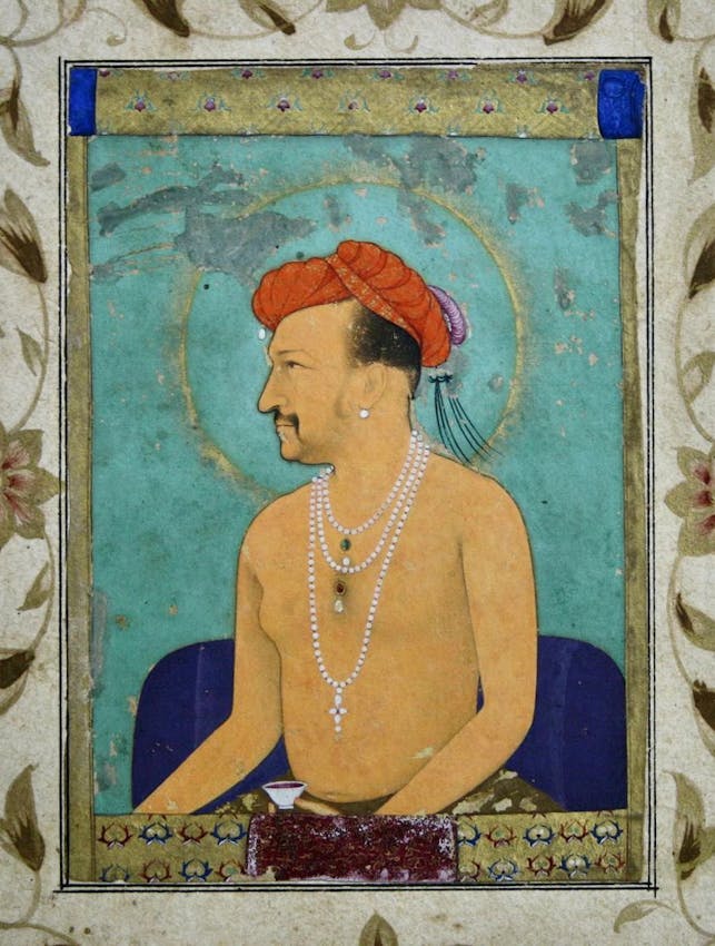 Portrait of a Mughal nobleman in profile view wearing an orange turban with turquoise tassels and multiple pearl necklaces against a turquoise background with a subtle halo.