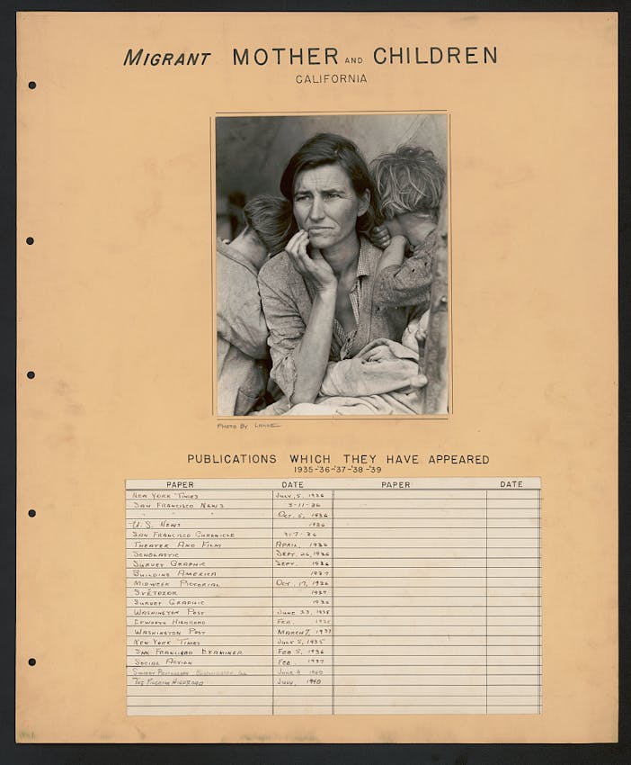 Piece of paper with the famous migrant mother photograph at the top and a log of dates and locations beneath