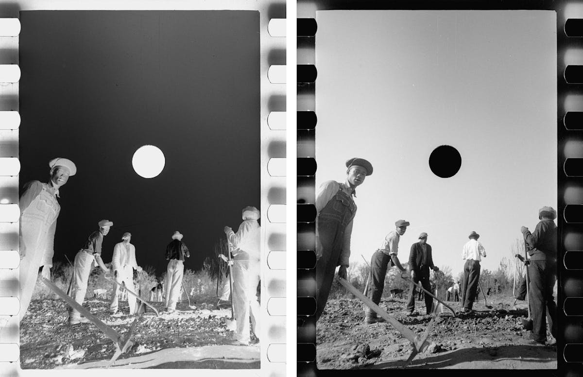 on the right, low angle shot of a group of black farm workers, the punctured hole in the sky between them, on the left, the same, but the negative view