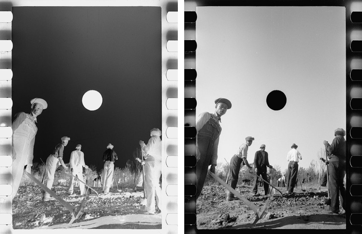 on the right, low angle shot of a group of black farm workers, the punctured hole in the sky between them, on the left, the same, but the negative view