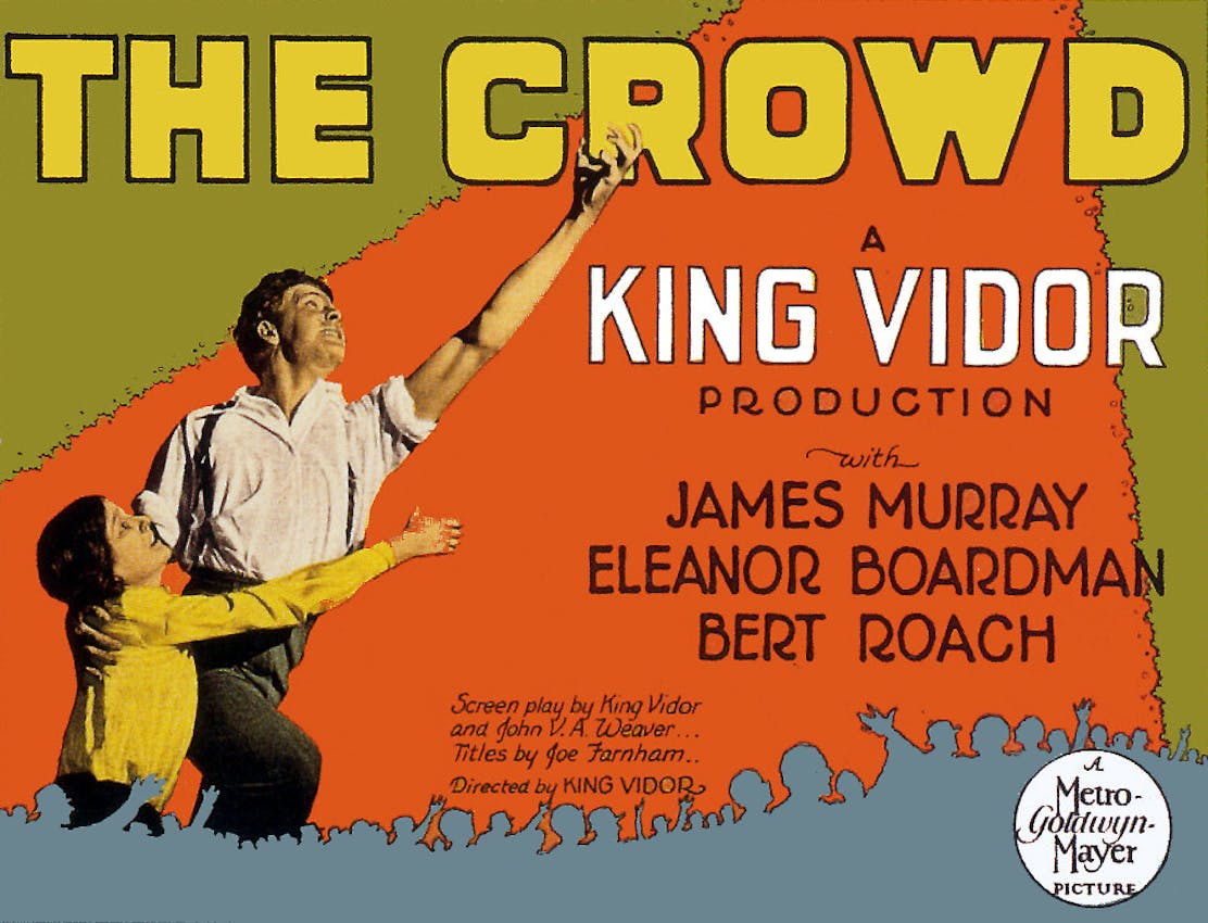 A man and woman appear in an embrace, with the man reaching upward, as the title ‘The Crowd’ and production credits are displayed above them.