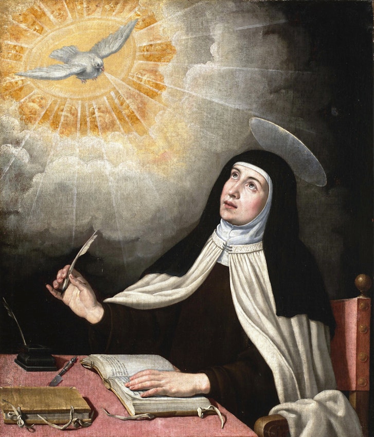Baroque-era portrait of a religious sister with a quill in hand, gazing upward at a radiant dove, with books and writing tools on her desk.
