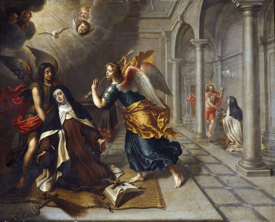 Baroque-style painting depicting an angel with a spear appearing to Saint Teresa surrounded by cherubs and classical columns