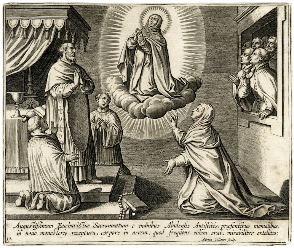Engraving depicting a Eucharistic miracle with a nun receiving communion and levitating, witnessed by clergy and laypeople