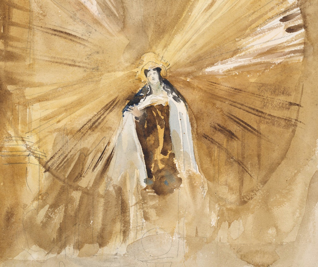 Watercolor painting of a saintly figure in sepia tones with a golden halo and a burst of light.