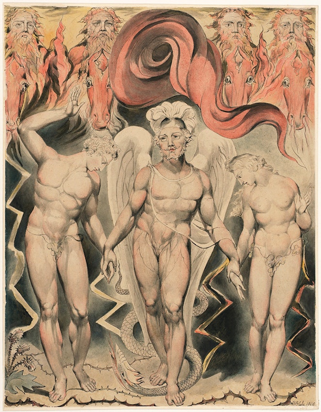 Michael leading Adam and Eve by the hand from William Blake illustration of Paradise Lost
