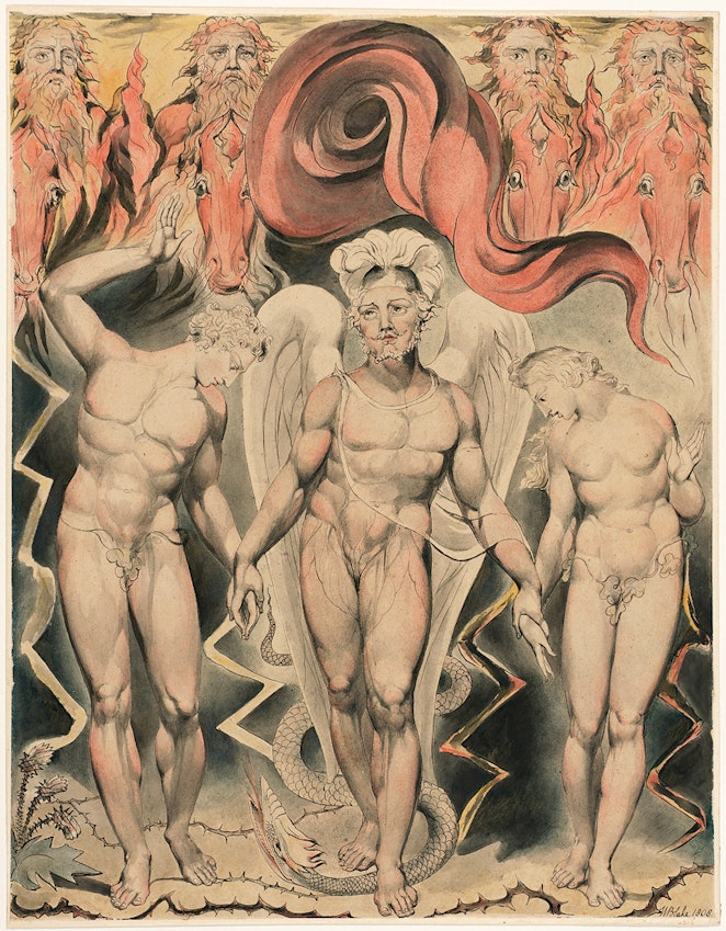 Michael guiando a Adán y Eva de la mano de William Blake ilustración de Paradise Lost