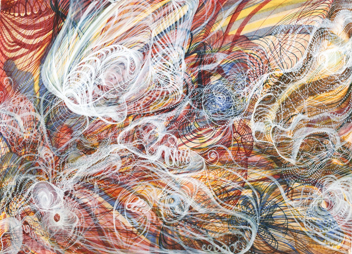 Abstract art featuring a complex overlay of swirling patterns and lines in a variety of colors including red, blue, yellow, and white, with a dynamic sense of movement throughout the composition.