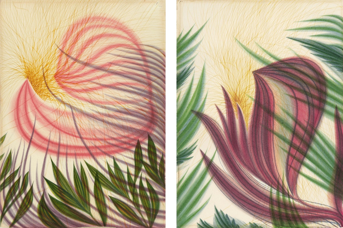 Two abstract paintings with fine lines creating an illusion of spherical shapes and organic forms, featuring warm tones of yellow and red on the left, and cool tones of green with hints of purple on the right, suggesting natural elements like sun and flora.