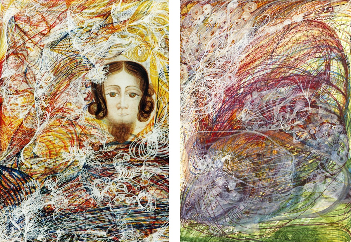 Two paintings featuring intricate abstract patterns overlaid on a classic portrait of a figure with serene features on the left, and a more obscured portrait amidst swirling lines on the right, blending traditional and abstract art elements.
