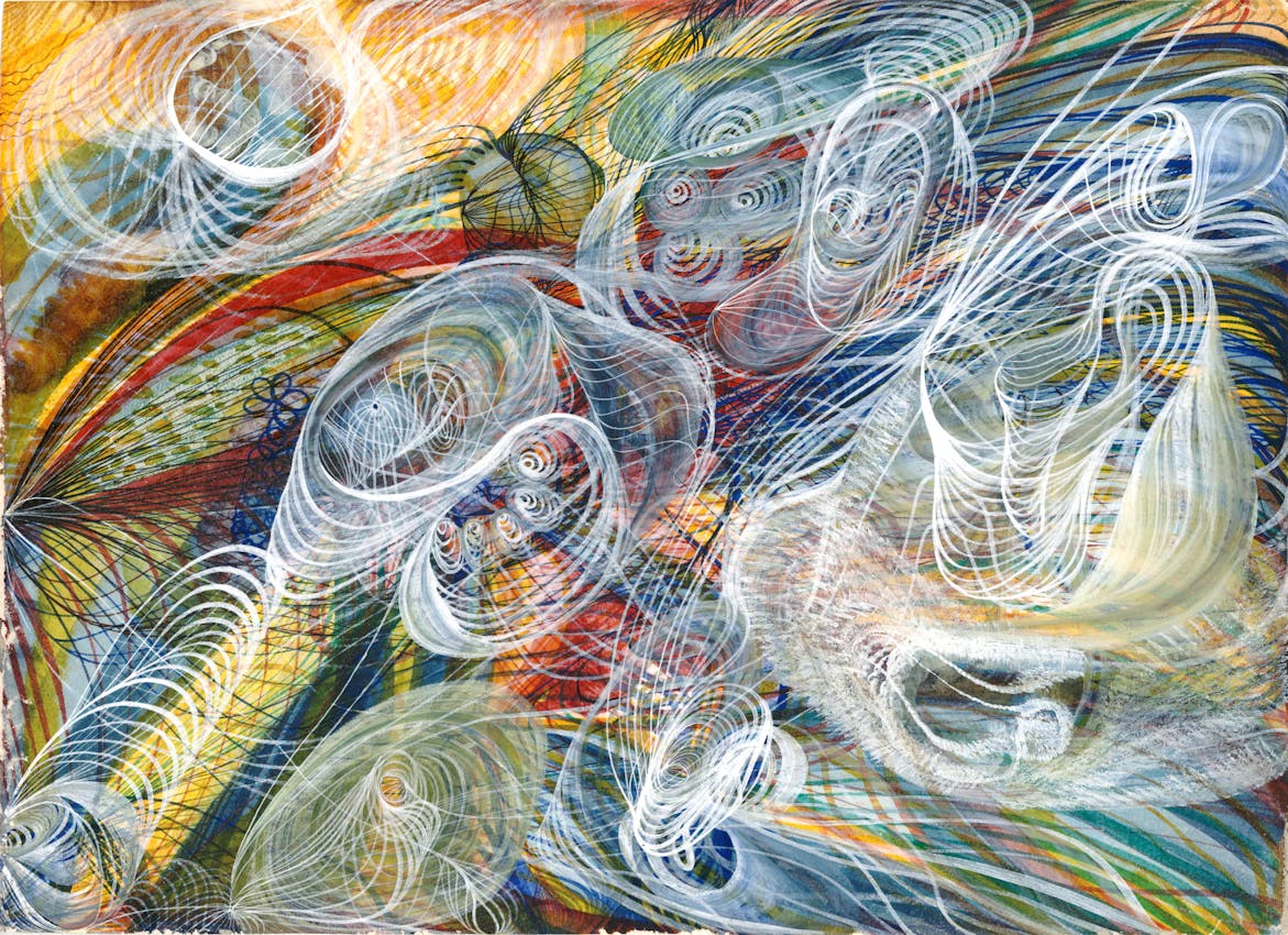 Vibrant abstract artwork with a myriad of intertwined swirling lines and shapes in a rich tapestry of colors including yellow, blue, and red.