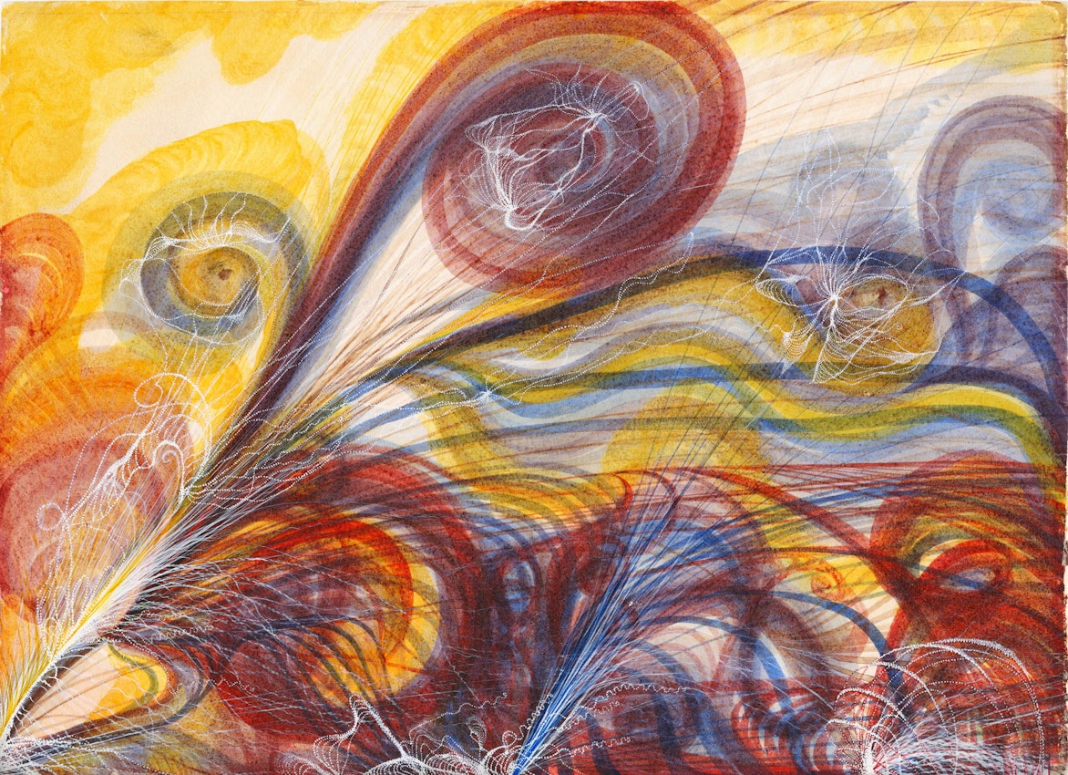 Abstract painting with vibrant swirls of yellow, red, and blue, intersected by delicate white spirals and lines on a textured background, suggesting a dynamic, celestial scene.