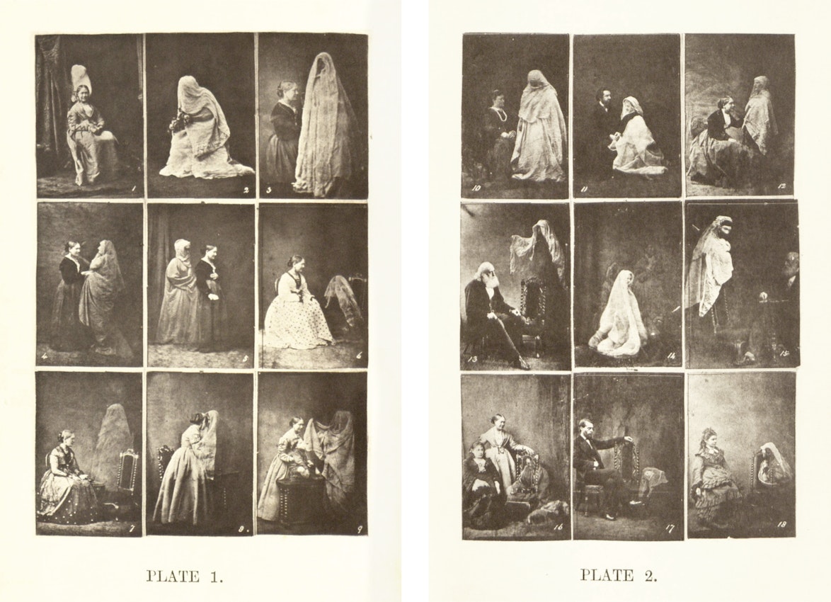 Two plates, each with multiple monochromatic images showcasing individuals in Victorian attire, interacting with translucent ghostly figures.