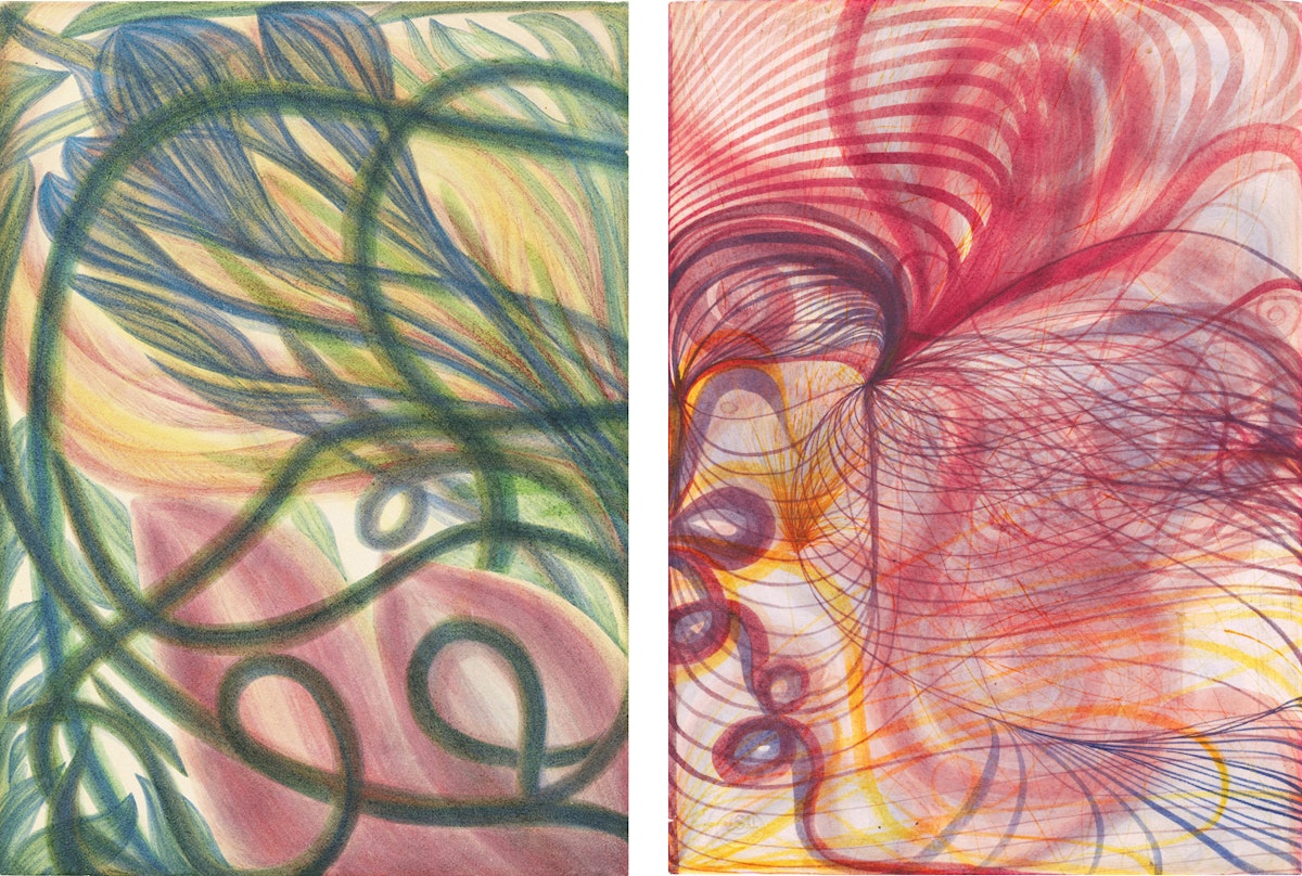 Two abstract paintings, one with interlocking green lines over soft pastel shapes, the other with red and blue lines creating a swirling, layered effect on a warm background.