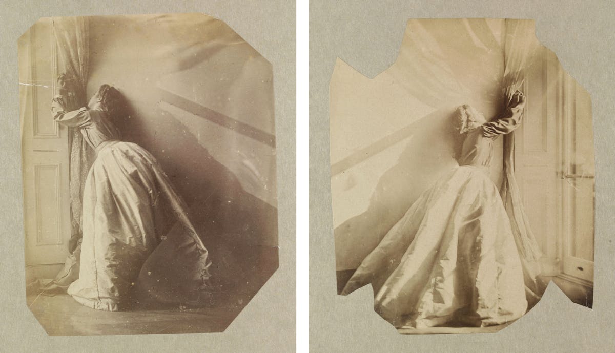 A pair of sepia-toned vintage photographs placed side by side, each showing a woman in a long dress, captured from behind as she appears to be gazing out or interacting with a window, with rays of light streaming through. The edges of the photographs are irregularly cut.