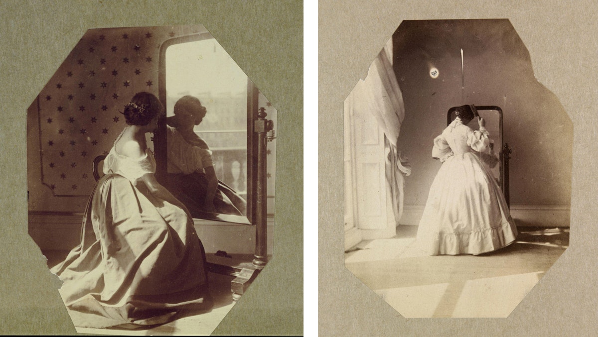 Two sepia-toned photographs side by side, each showing a woman in a mid-19th century dress sitting in front of a mirror in a room. The left photo captures her gazing out a window, reflected in the mirror, and the right shows her back, reflected as she looks into the mirror.