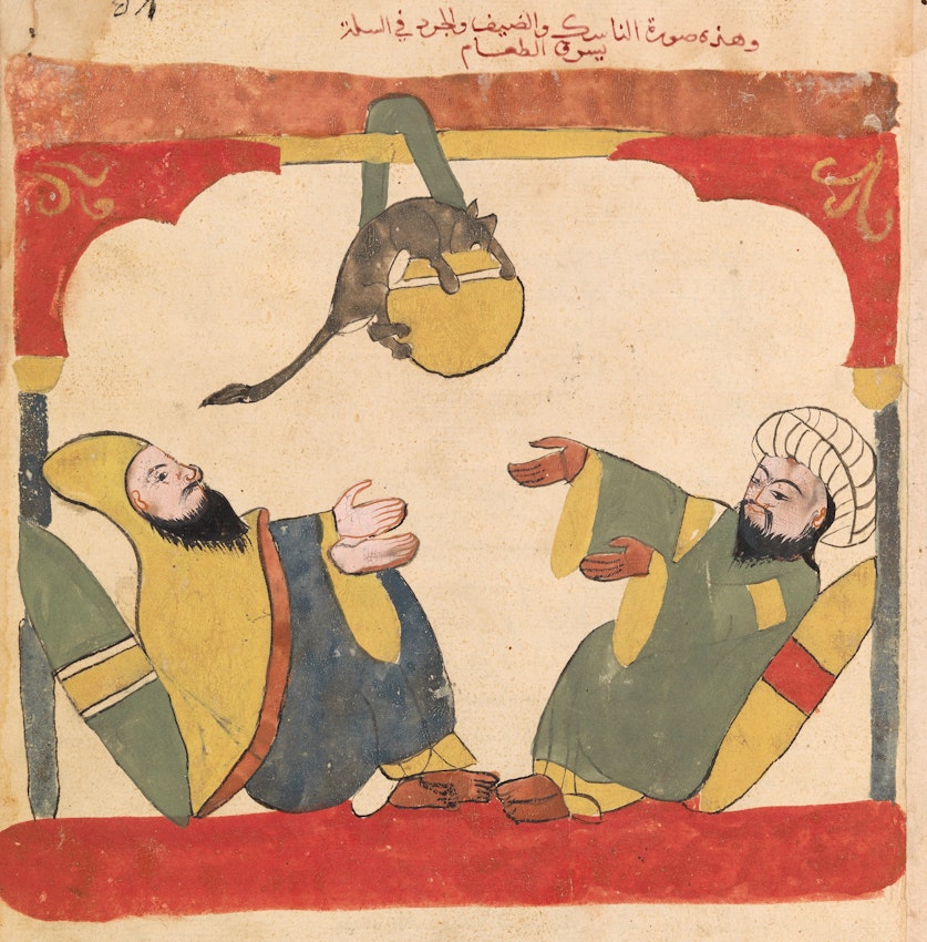 Two men and a mouse eating their food suspended in the air