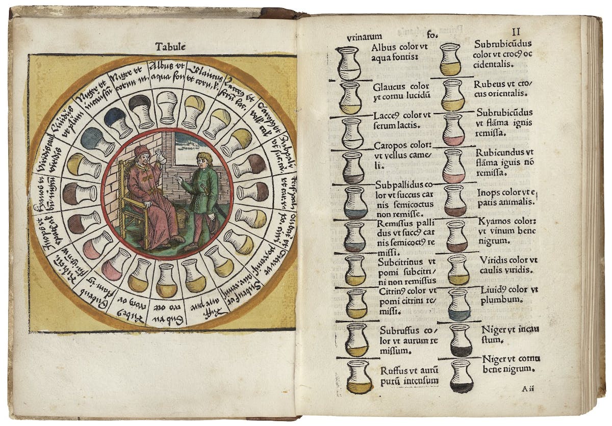 Uroscopy flasks arranged in a ring with colour descriptions in Latin