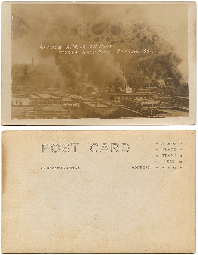 tulsa massacre, Burning neighborhood with inscription ‘Little Africa on Fire’