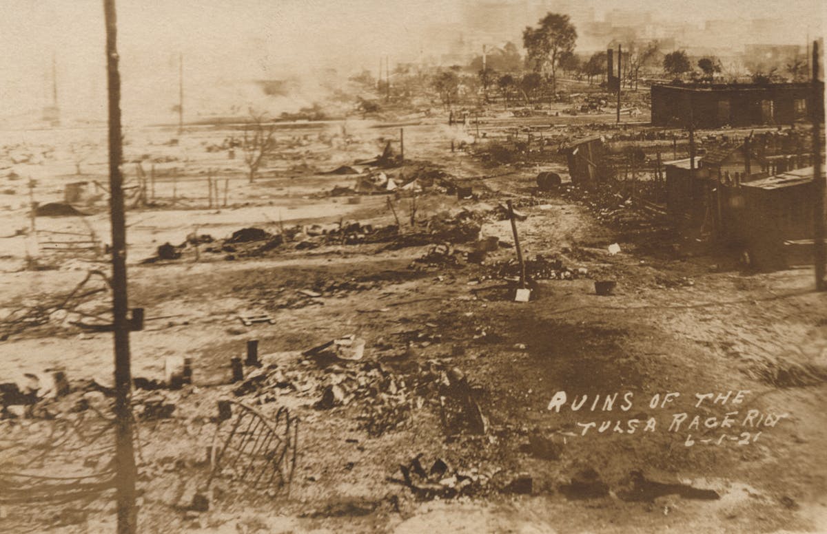 Several blocks of burned, ruined neighborhood