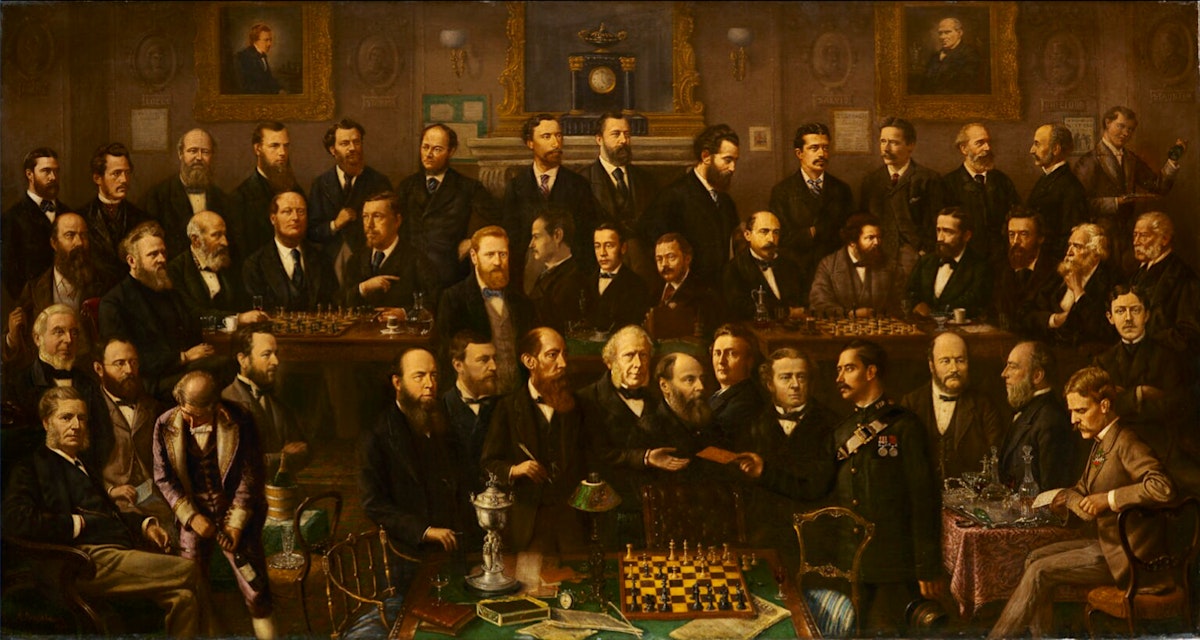 Painting of men in a chess club listening to a speech
