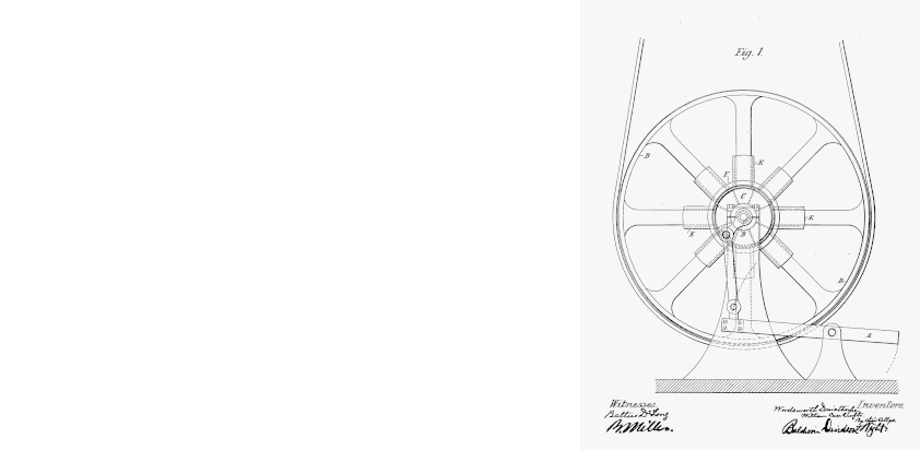 Left: a film of people walking in a circle; right: a patent diagram of a wheel-like device