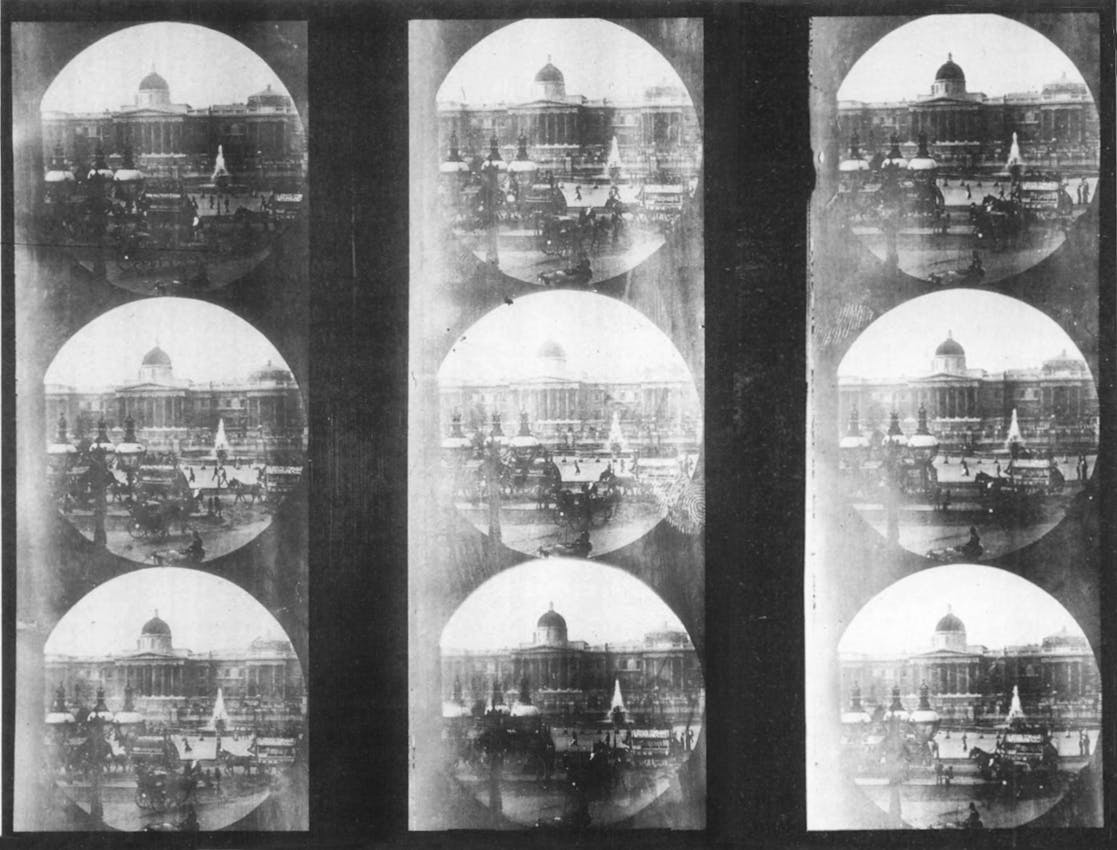 Nine circular frames showing a grainy vision of Trafalgar Square in London