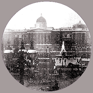 Nine circular frames showing a grainy vision of Trafalgar Square in London