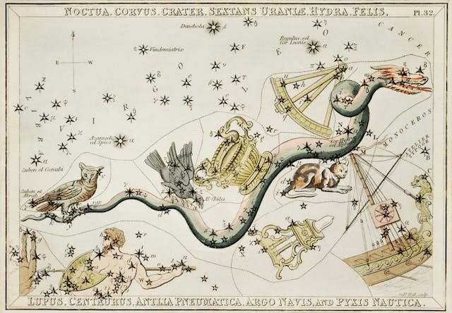 Noctua, Corvus, Crater, Sextans Uraniae, Hydra, Felis, Lupus, Centaurus, Antlia Pneumatica, Argo Navis, and Pyxis Nautica