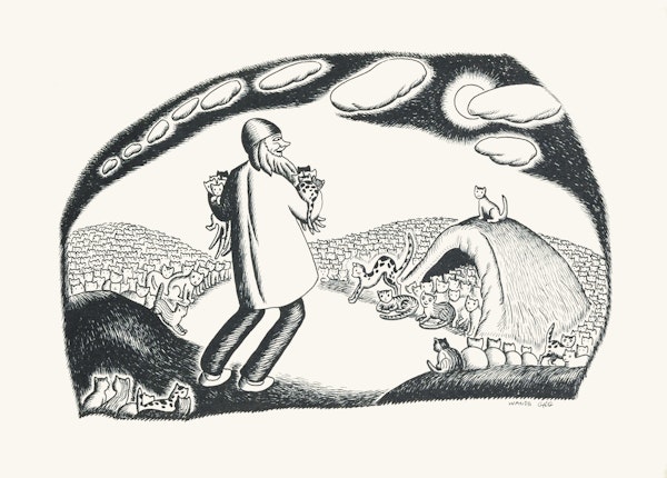 illustration from millions of cats book showing man with cats