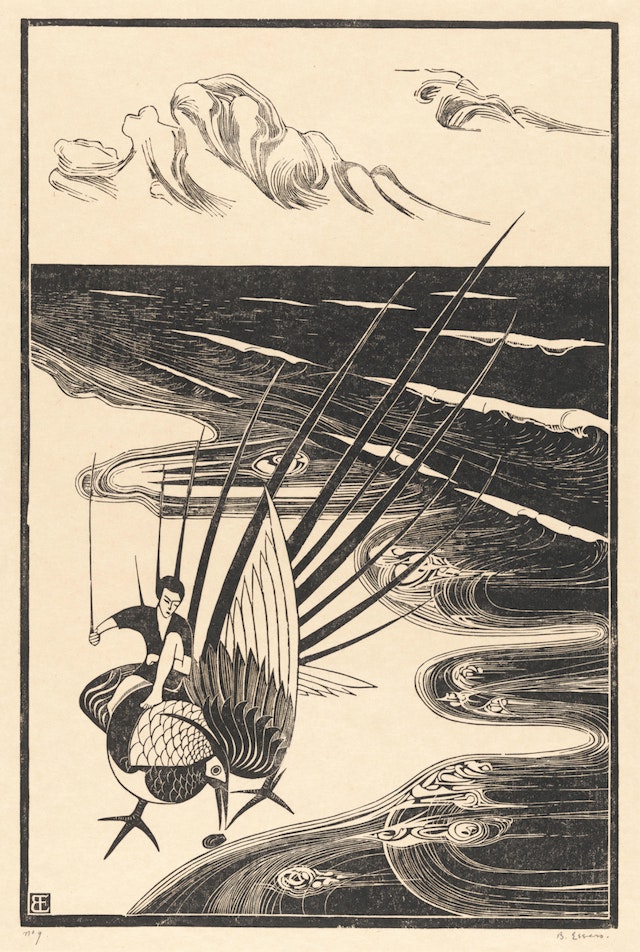 Figure Riding a Pheasant on the Beach